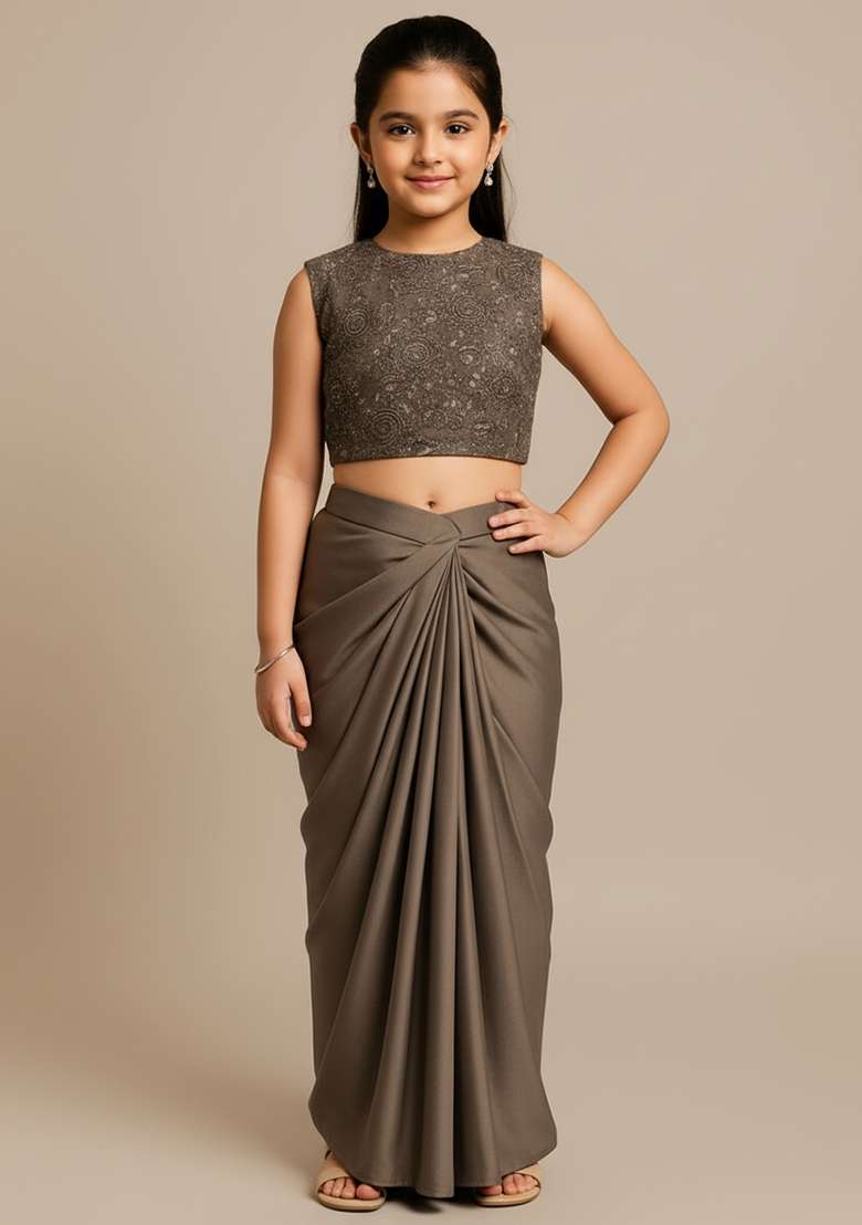 Girls Mauve Embroidered Satin Fusion Set - Indya