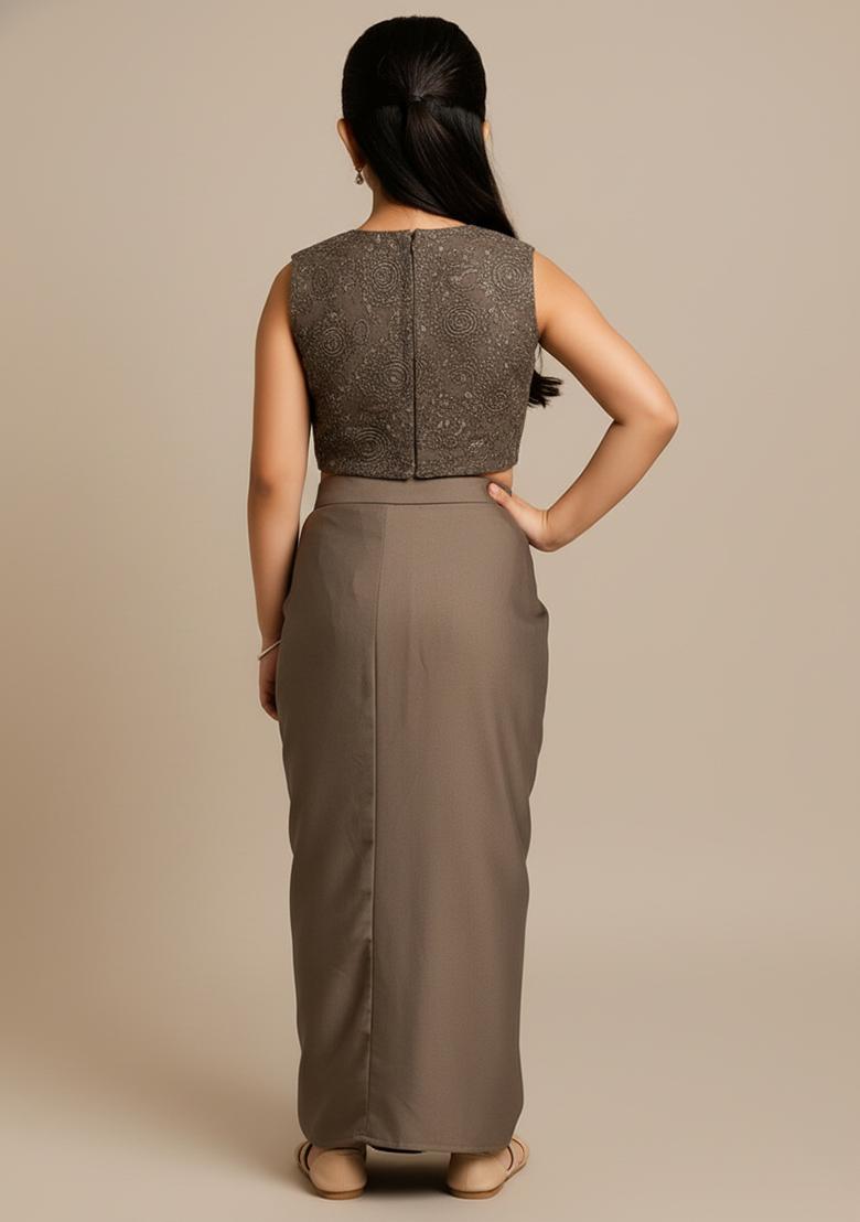 Girls Mauve Embroidered Satin Fusion Set - Indya