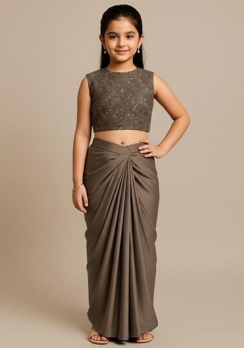 Girls Mauve Embroidered Satin Fusion Set