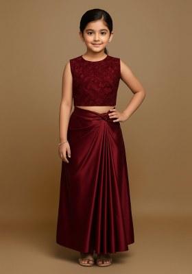 Girls Maroon Embroidered Satin Fusion Set