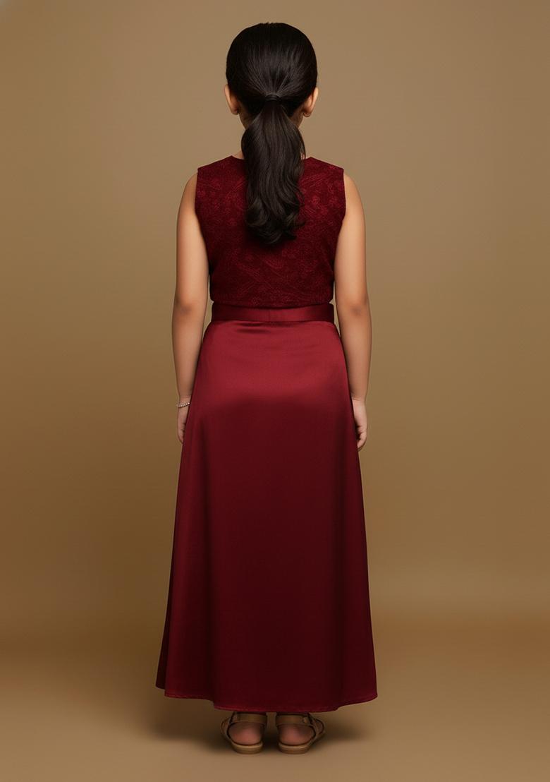 Girls Maroon Embroidered Satin Fusion Set - Indya