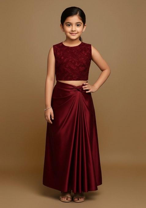 Girls Maroon Embroidered Satin Fusion Set