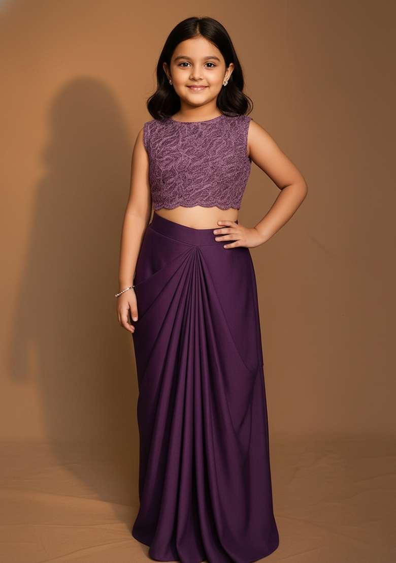 Girls Purple Embroidered Satin Fusion Set - Indya