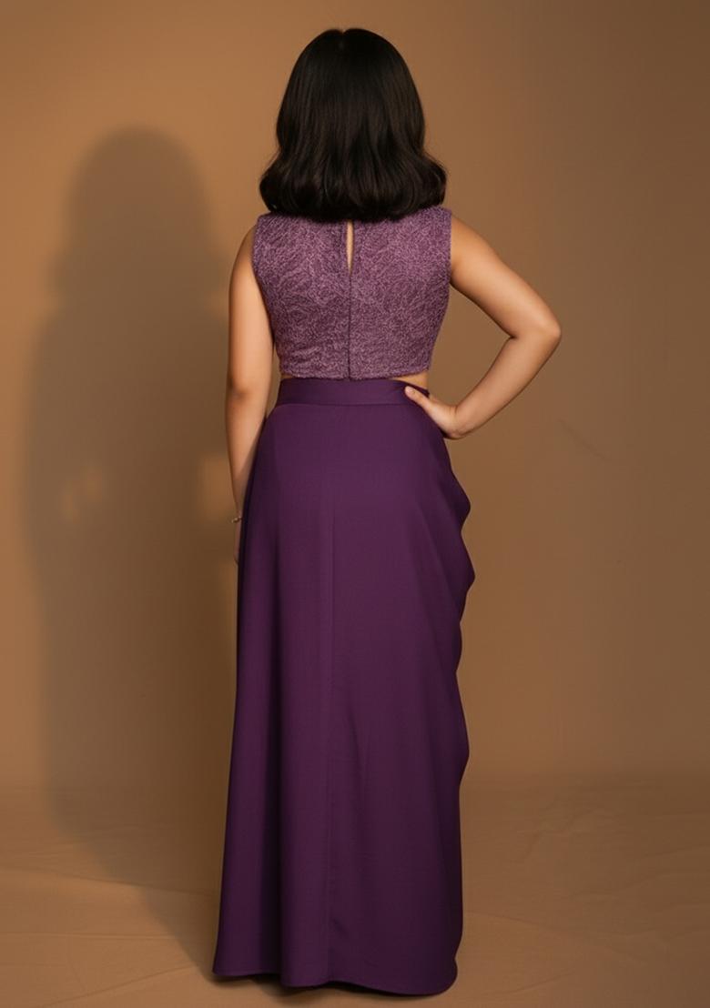 Girls Purple Embroidered Satin Fusion Set - Indya