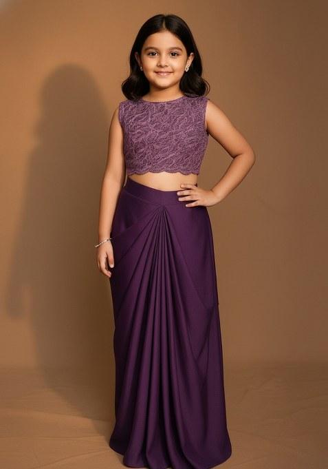 Girls Purple Embroidered Satin Fusion Set