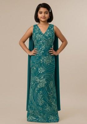 Girls Teal Blue Sequin Georgette Fusion Set