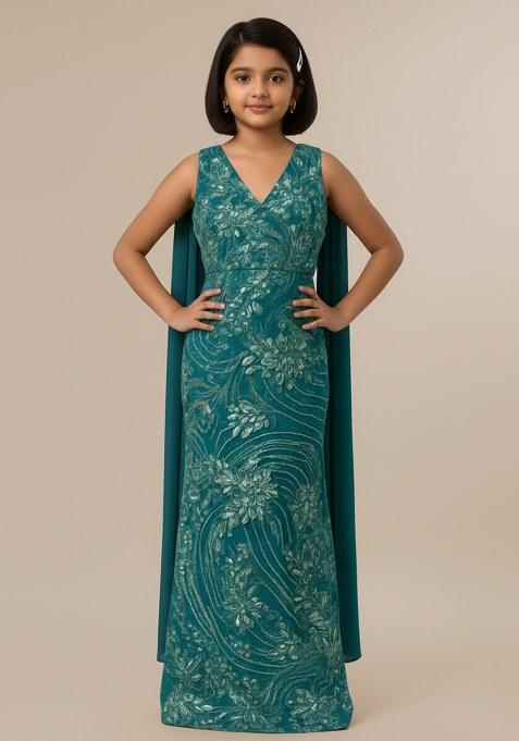Girls Teal Blue Sequin Georgette Fusion Set