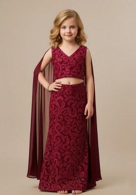 Girls Maroon Embroidered Net Fusion Set