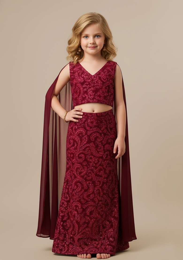 Girls Maroon Embroidered Net Fusion Set - Indya