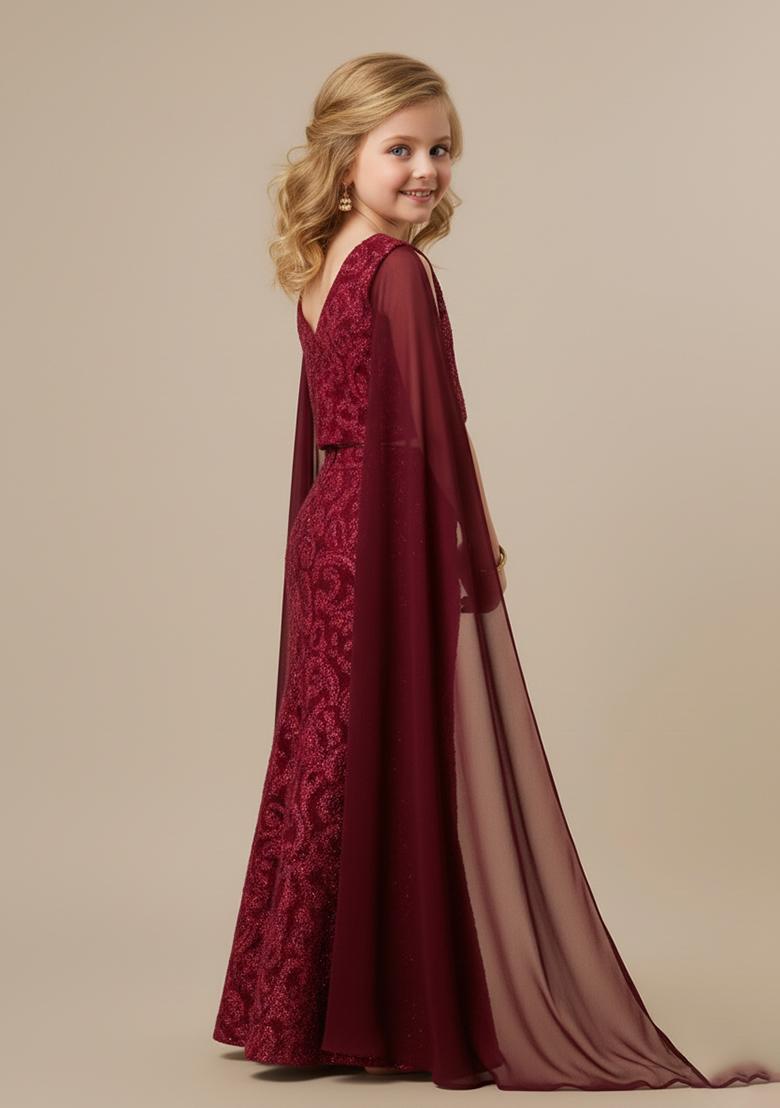 Girls Maroon Embroidered Net Fusion Set - Indya