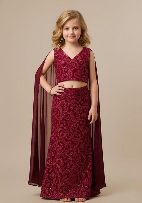 Girls Maroon Embroidered Net Fusion Set