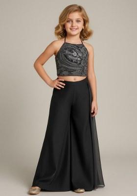 Girls Grey Embroidered Georgette Fusion Set