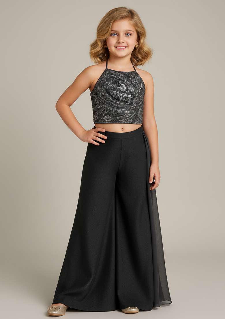 Girls Grey Embroidered Georgette Fusion Set - Indya