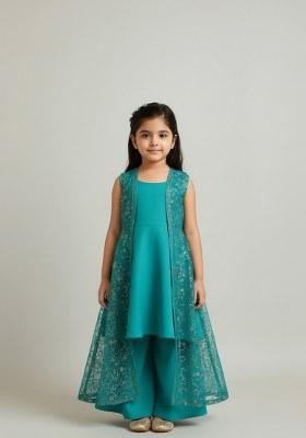 Girls Teal Sequin Georgette Fusion Set
