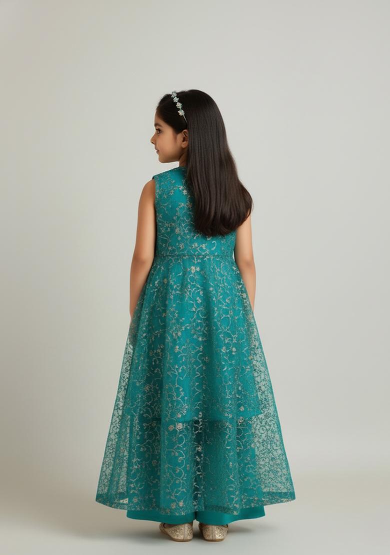 Girls Teal Sequin Georgette Fusion Set - Indya
