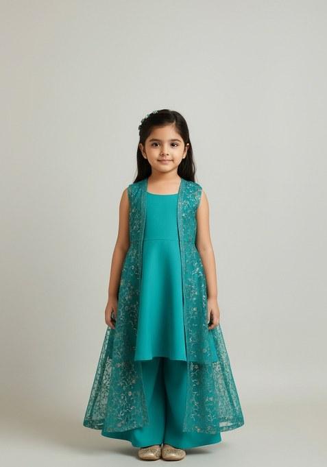 Girls Teal Sequin Georgette Fusion Set
