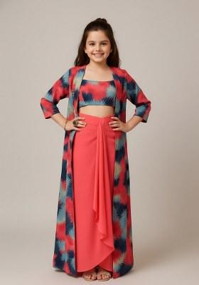 Girls Maroon Abstract Print Crepe Fusion Set