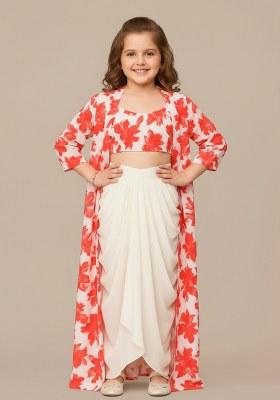 Girls Red Floral Print Crepe Fusion Set
