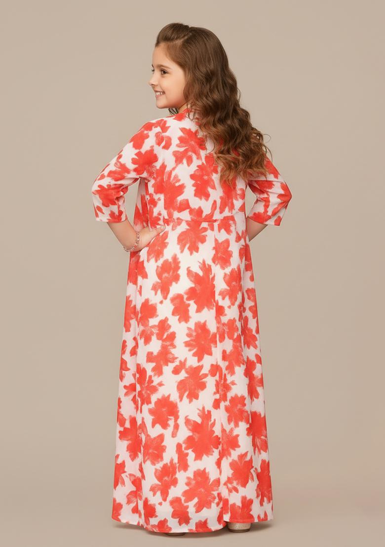 Girls Red Floral Print Crepe Fusion Set - Indya