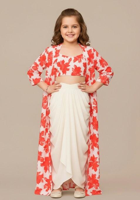 Girls Red Floral Print Crepe Fusion Set