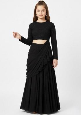 Girls Black Embroidered Silk Fusion Set