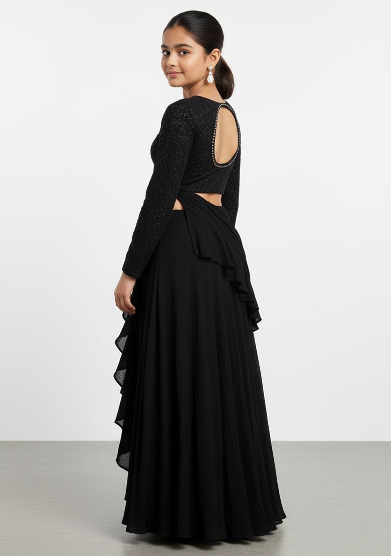 Girls Black Embroidered Silk Fusion Set - Indya