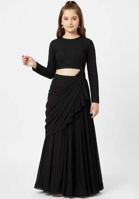 Girls Black Embroidered Silk Fusion Set