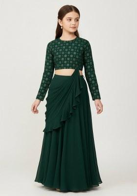 Girls Green Embroidered Raw Silk Fusion Set