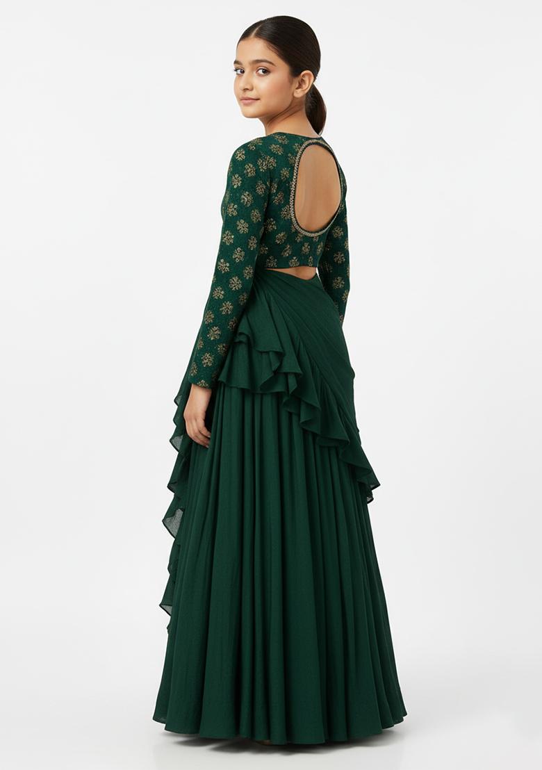 Girls Green Embroidered Raw Silk Fusion Set - Indya