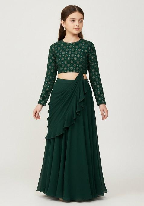 Girls Green Embroidered Raw Silk Fusion Set
