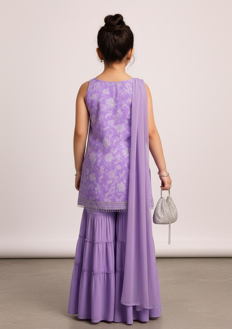 Girls Lilac Embroidered Silk Fusion Set - Indya