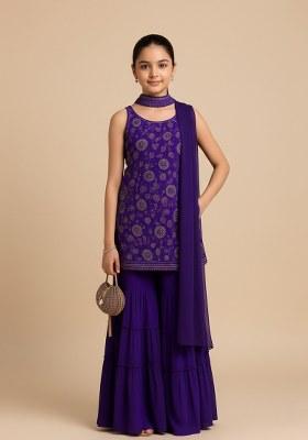 Girls Purple Embroidered Silk Fusion Set