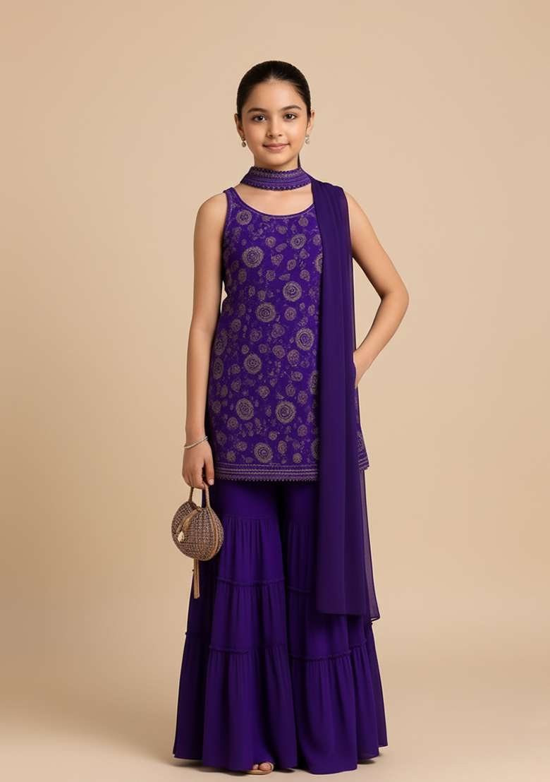Girls Purple Embroidered Silk Fusion Set - Indya