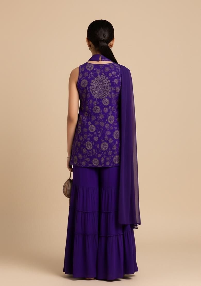 Girls Purple Embroidered Silk Fusion Set - Indya