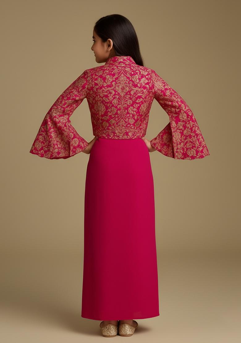 Girls Pink Embroidered Georgette Fusion Set - Indya