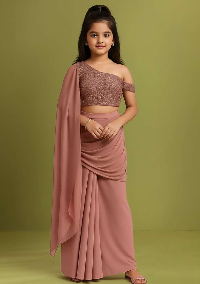Girls Pink Embellished Net Fusion Set - Indya