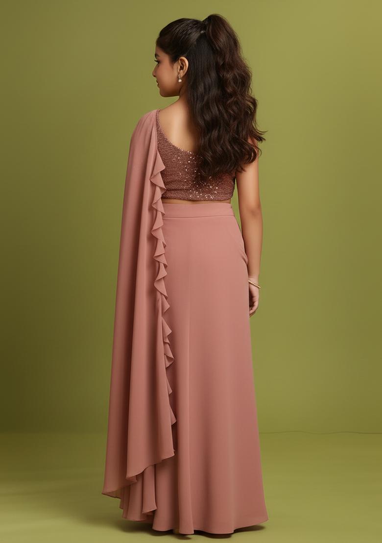 Girls Pink Embellished Net Fusion Set - Indya