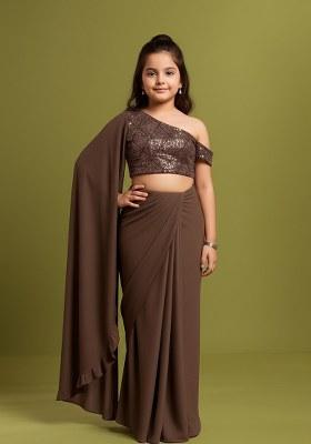 Girls Brown Embellished Net Fusion Set