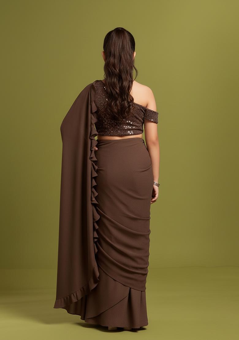 Girls Brown Embellished Net Fusion Set - Indya