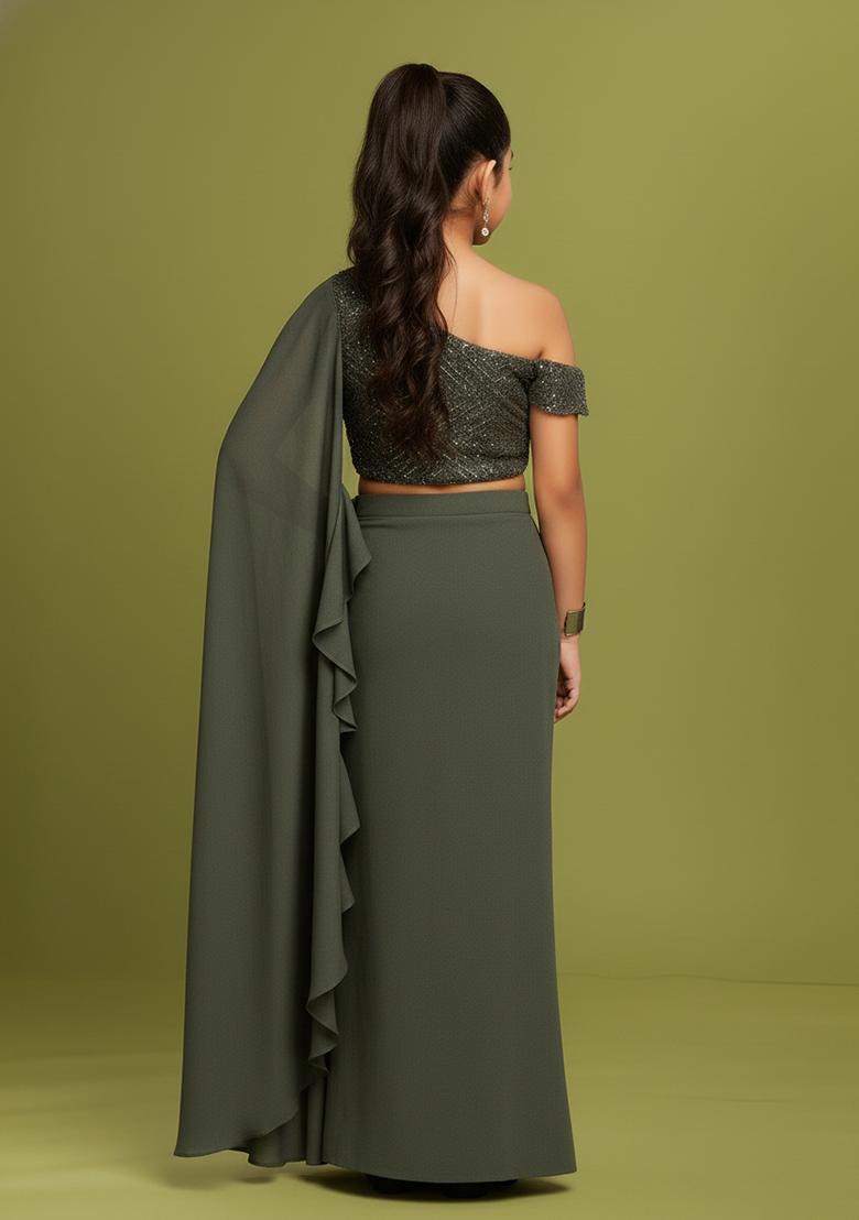 Girls Green Embellished Net Fusion Set - Indya