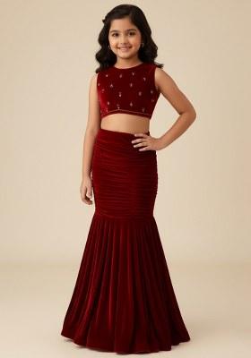 Girls Maroon Solid Crepe Fusion Set