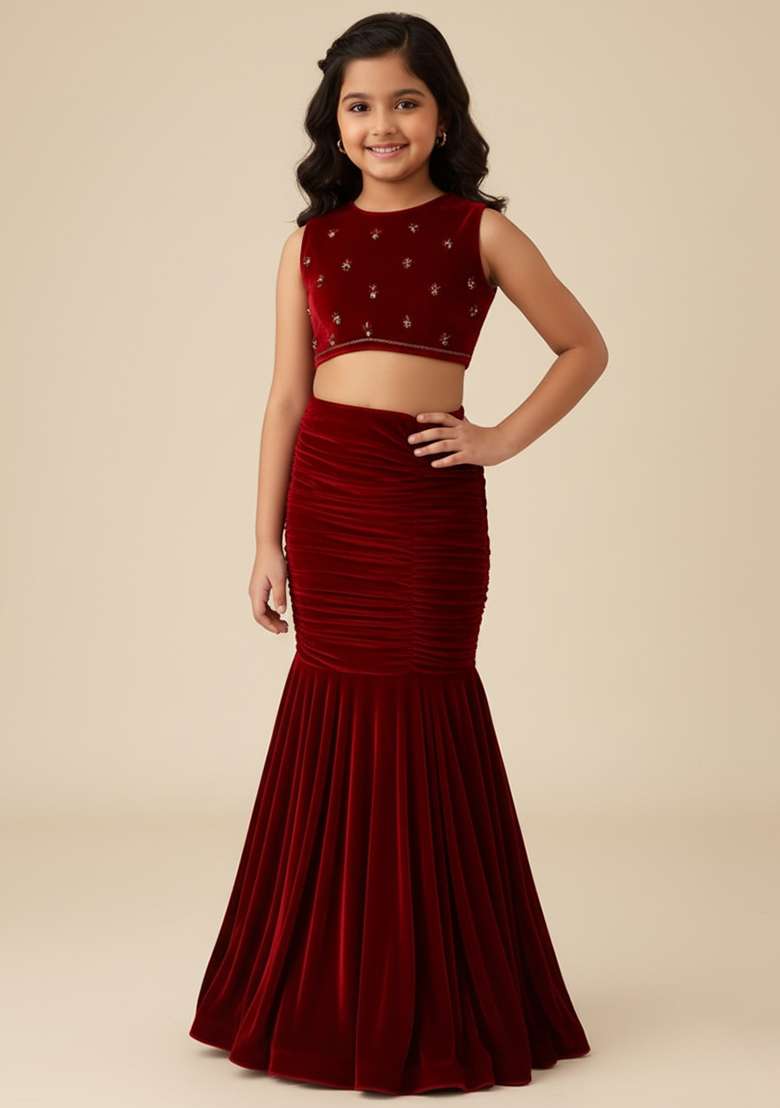 Girls Maroon Solid Crepe Fusion Set - Indya