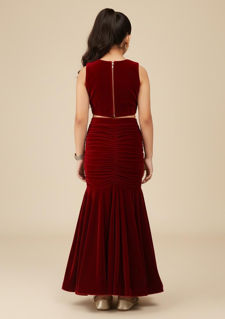 Girls Maroon Solid Crepe Fusion Set - Indya