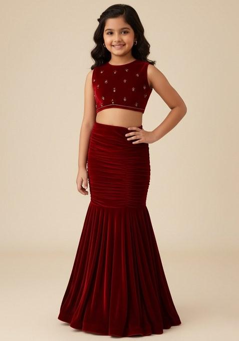 Girls Maroon Solid Crepe Fusion Set