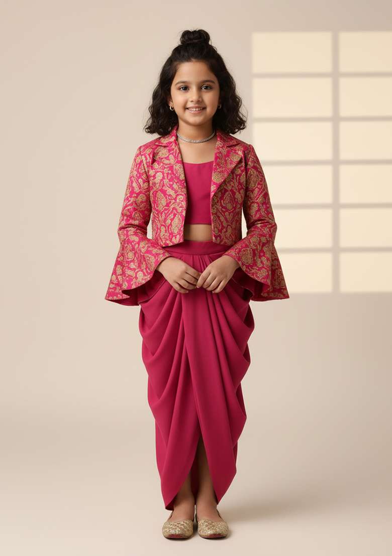 Girls Pink Brocade Fusion Set - Indya