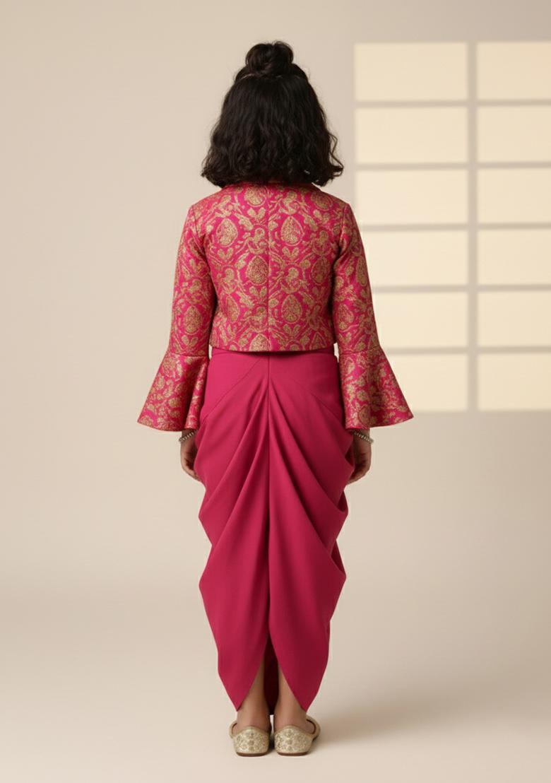 Girls Pink Brocade Fusion Set - Indya