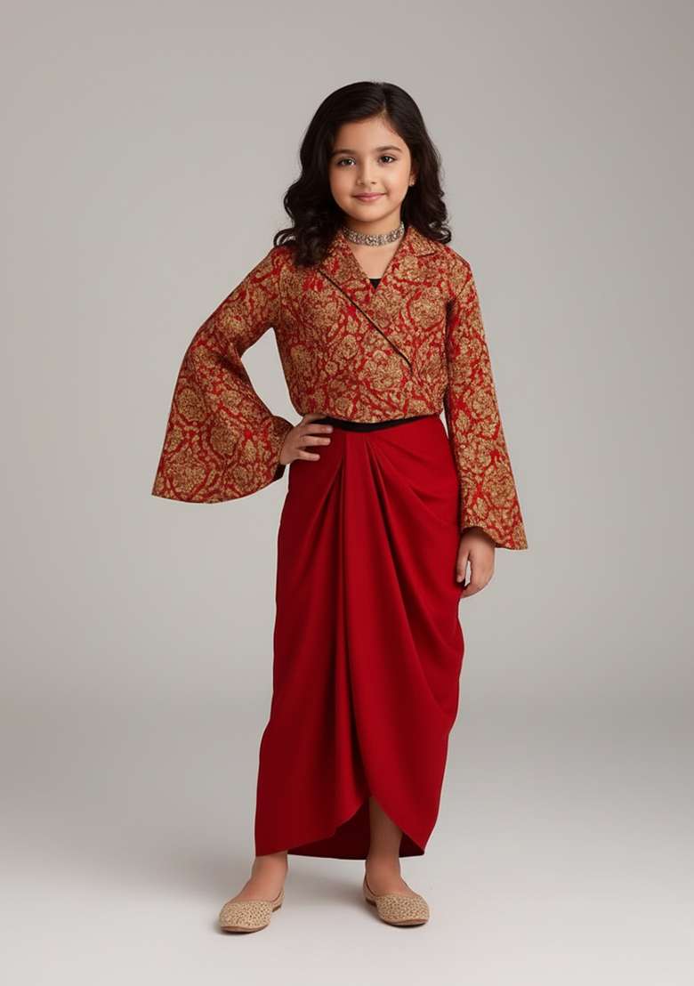 Girls Red Brocade Fusion Set - Indya