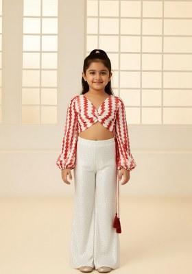 Girls White Abstract Print Chanderi Fusion Set