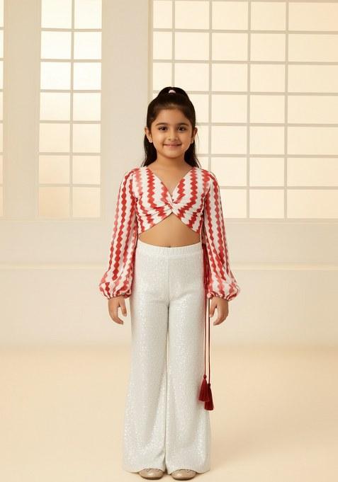 Girls White Abstract Print Chanderi Fusion Set
