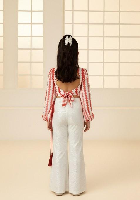 Girls White Abstract Print Chanderi Fusion Set